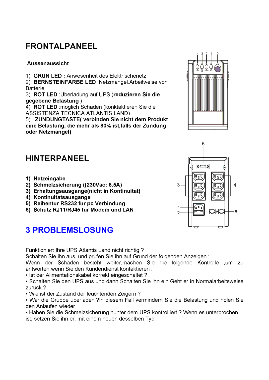 Atlantis Land A03-S801 manual Frontalpaneel, Hinterpaneel, Problemslosung, Aussenaussicht 