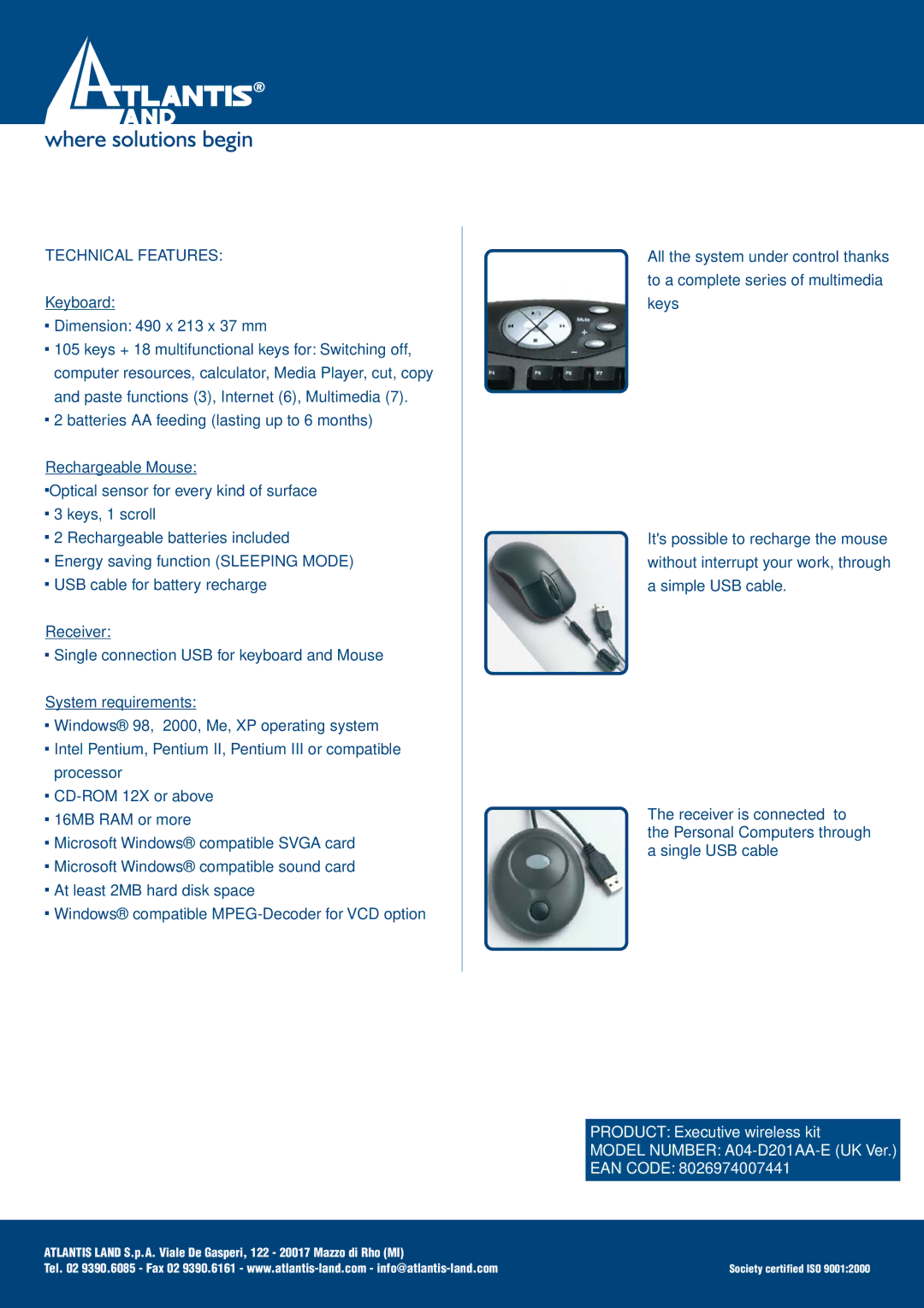 Atlantis Land A04-D201AA manual Technical Features 