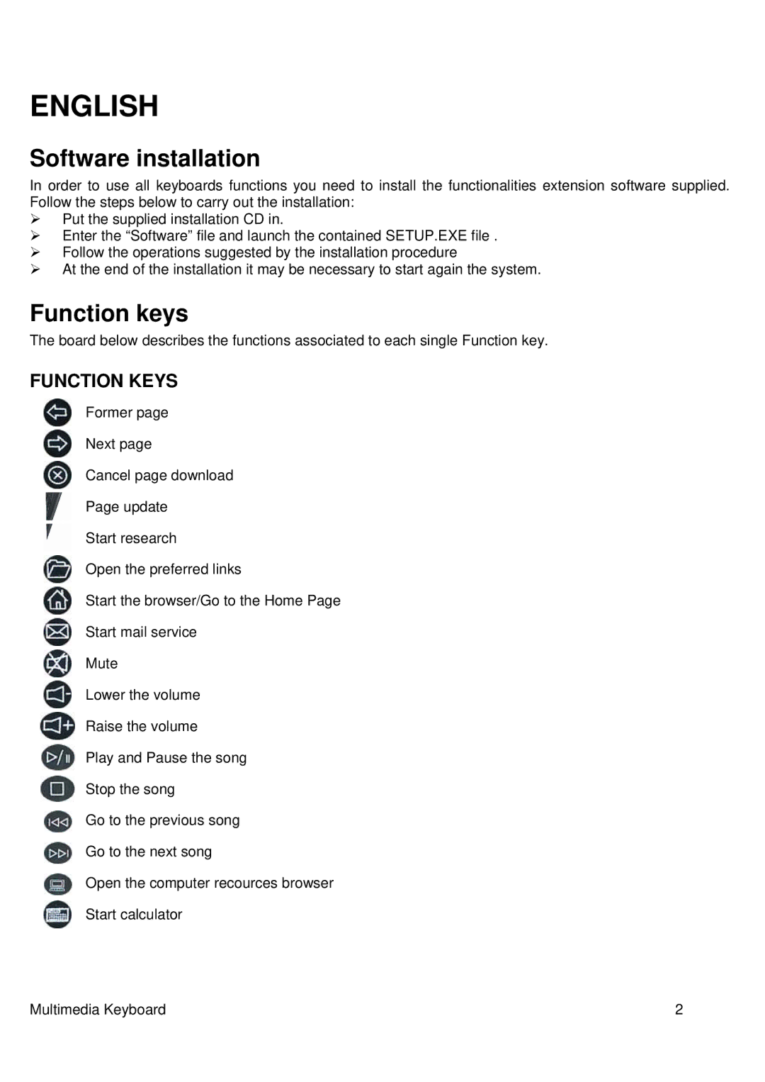 Atlantis Land A04-K202AB user manual English, Software installation, Function keys, Function Keys 