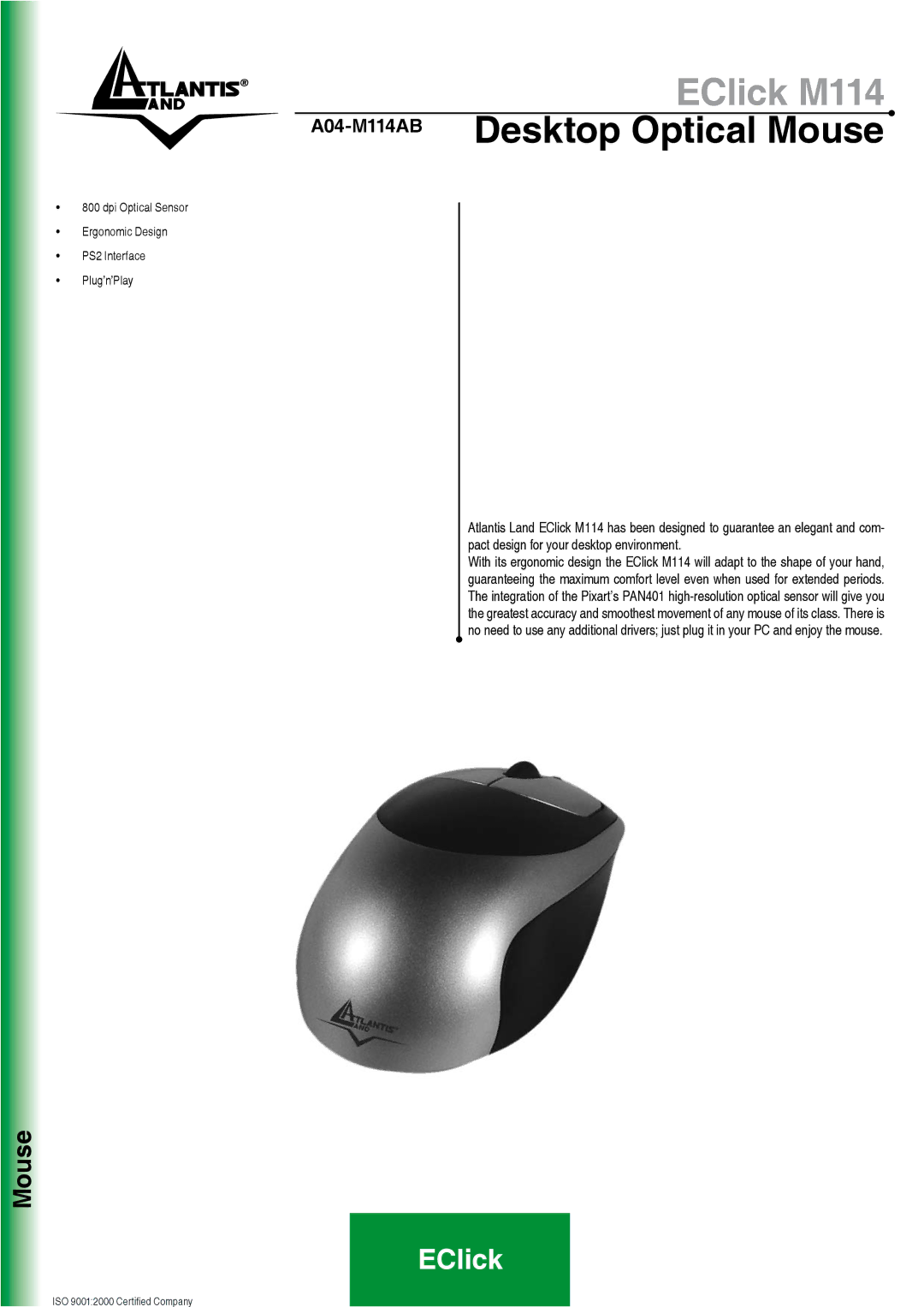 Atlantis Land A04-M114AB manual Desktop Optical Mouse 