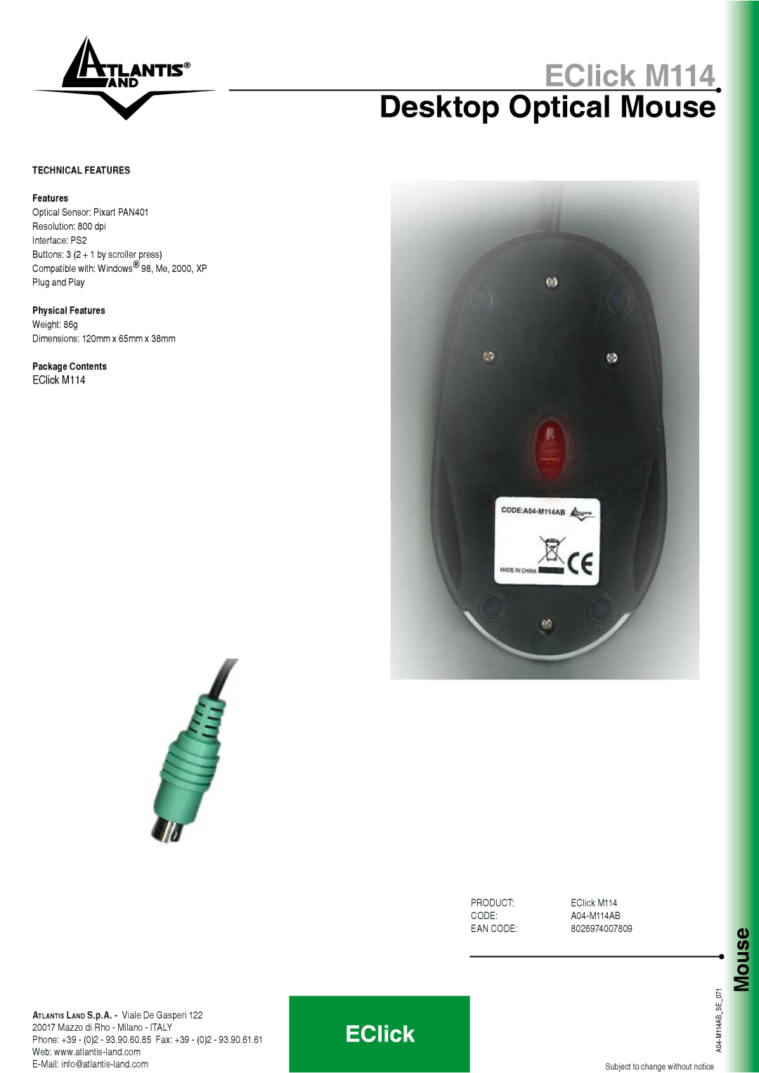 Atlantis Land A04-M114AB manual EClick M114, Technical Features 