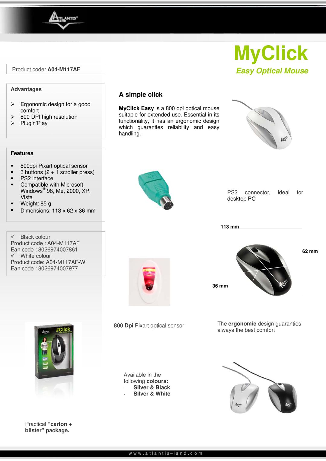 Atlantis Land A04-M117AF dimensions MyClick, Easy Optical Mouse, Simple click, Advantages, Features 