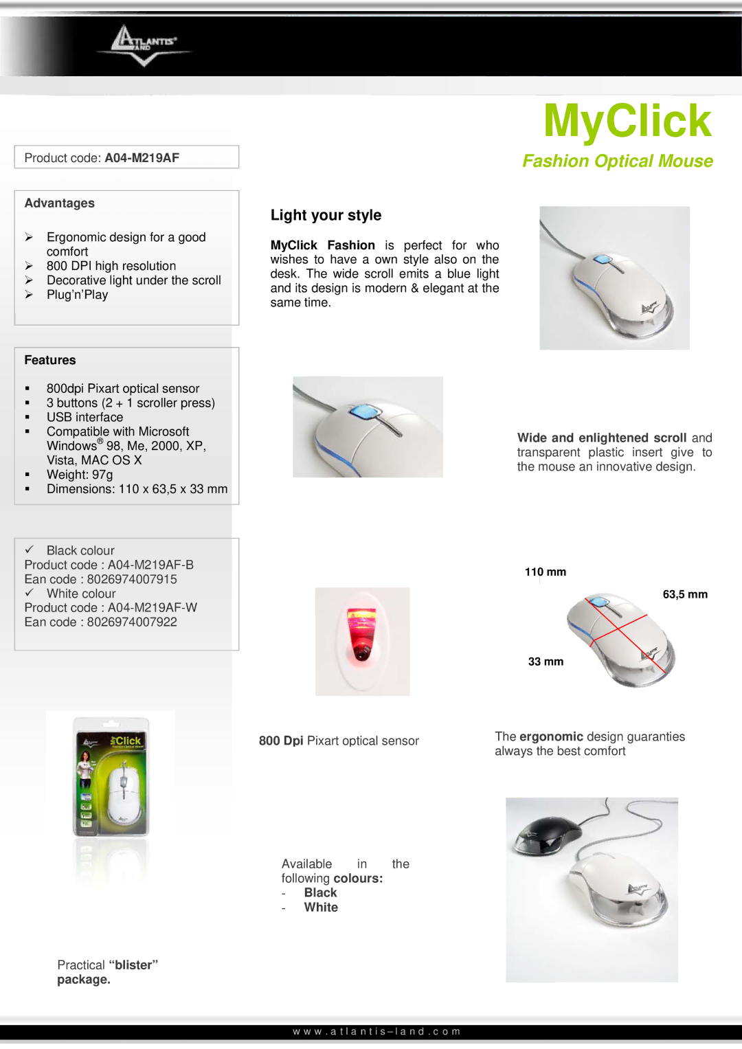 Atlantis Land A04-M219AF dimensions MyClick, Fashion Optical Mouse, Light your style 