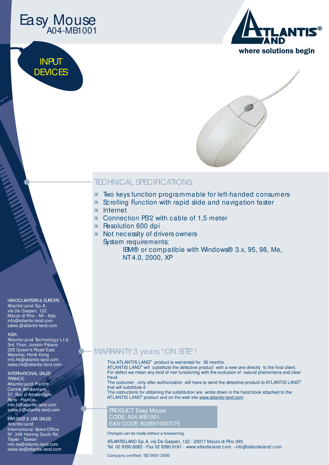 Atlantis Land A04-MB1001 manual Technical Specifications, Headquarters & Europe, Asia, International Sales France 