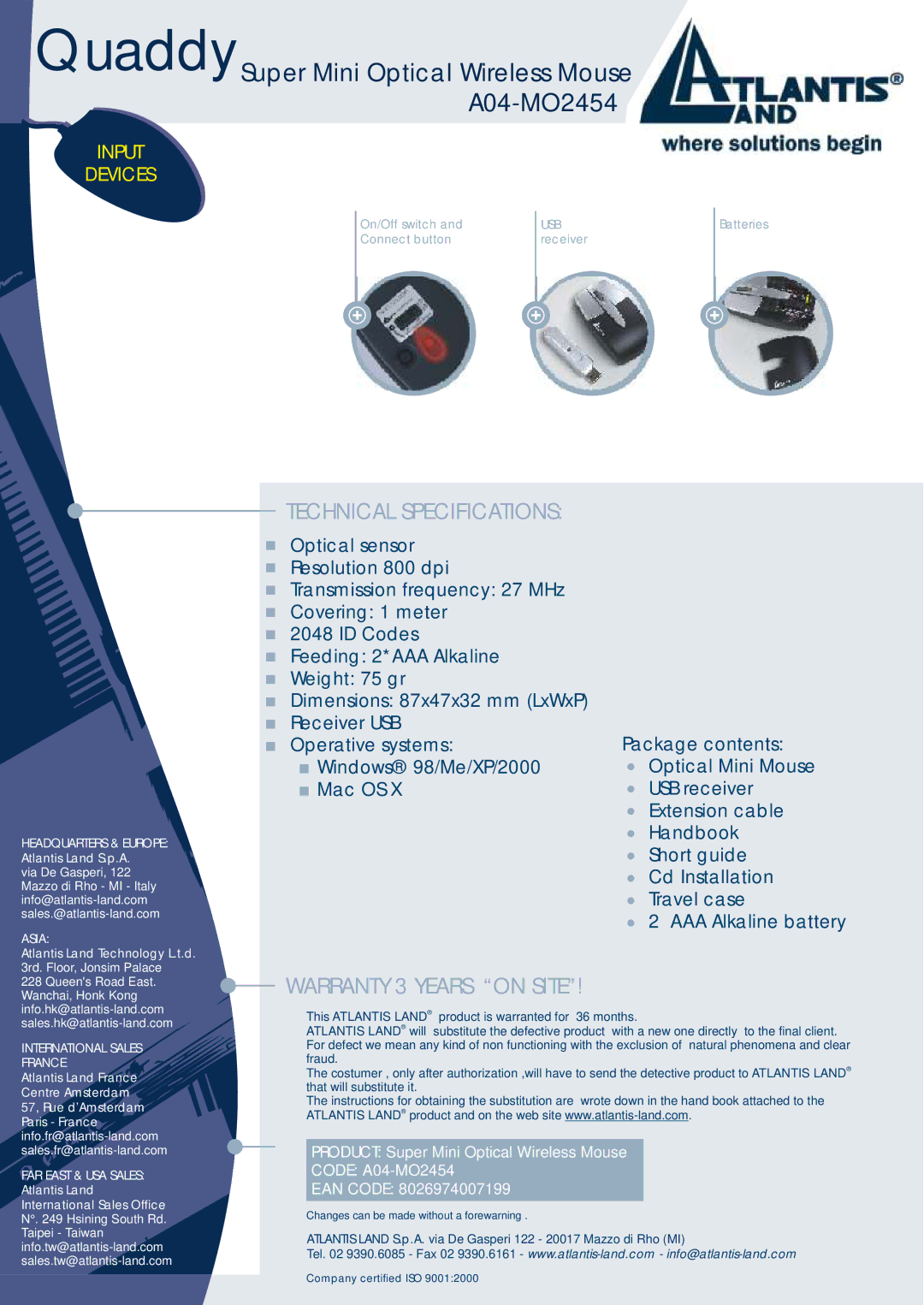 Atlantis Land A04-MO2454 dimensions Technical Specifications, Warranty 3 Years on Site 