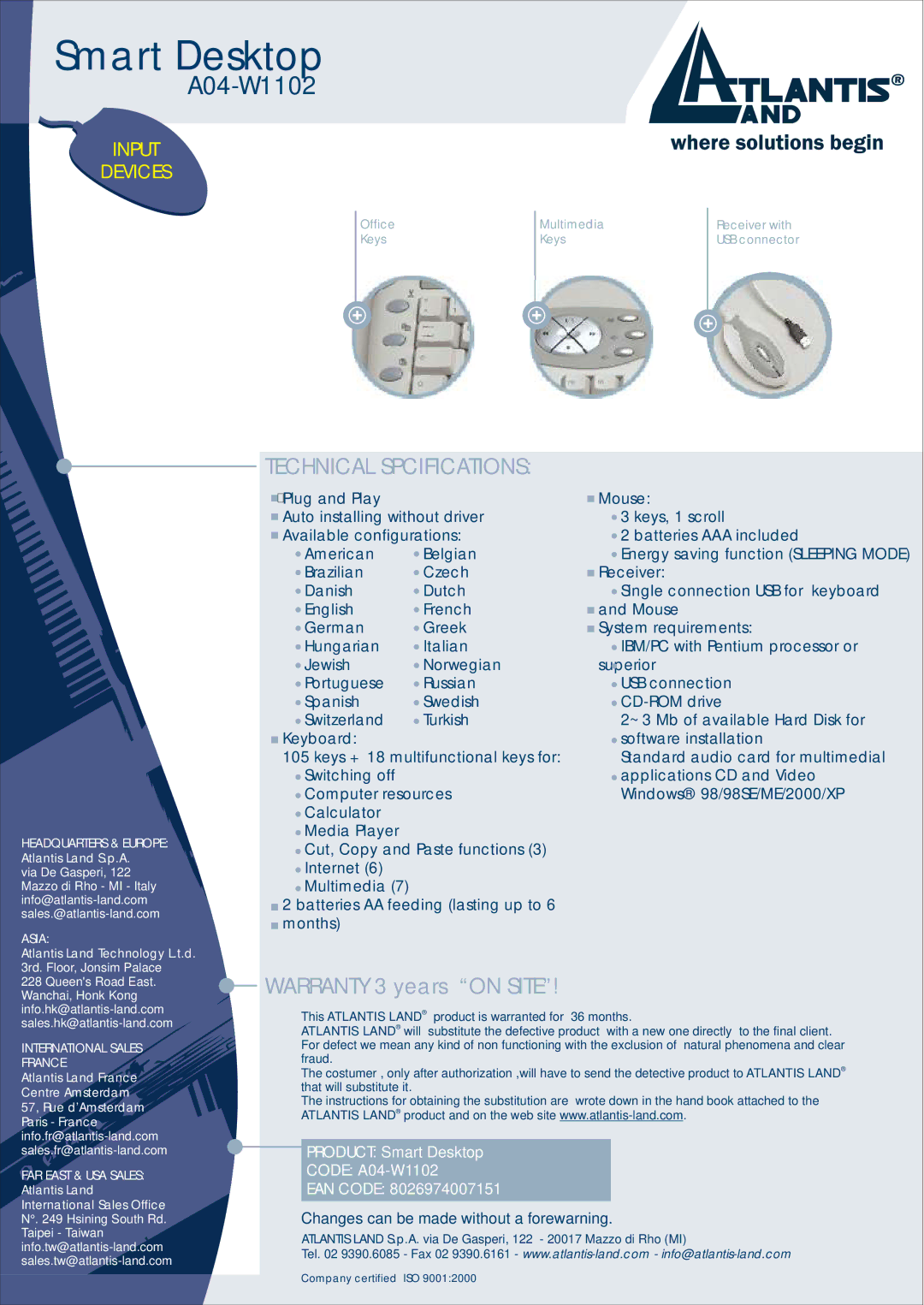 Atlantis Land A04-W1102 manual Technical Spcifications, Headquarters & Europe, Asia, International Sales France 