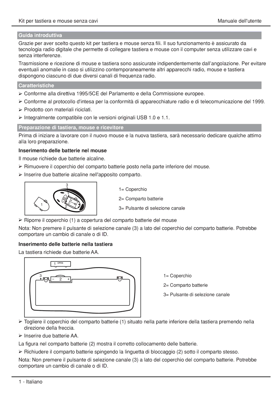 Atlantis Land A04-WI1102, A04-WI2202 Guida introduttiva, Caratteristiche, Preparazione di tastiera, mouse e ricevitore 