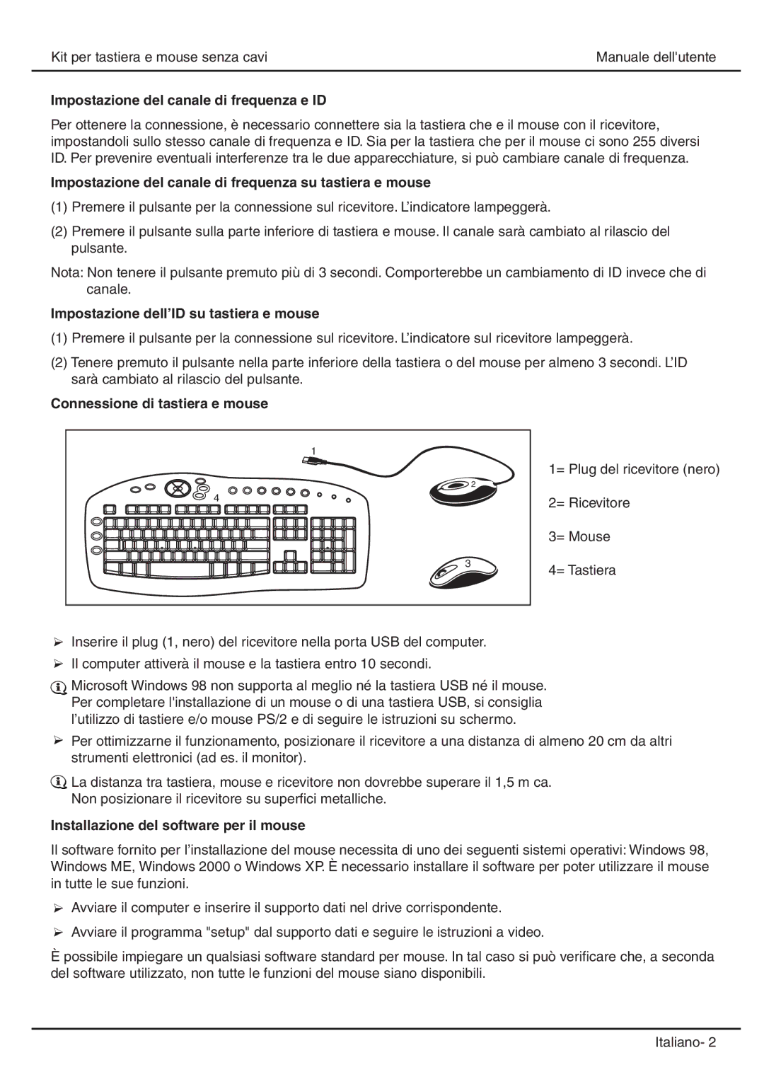 Atlantis Land A04-WI2202, A04-WI1102 Impostazione del canale di frequenza e ID, Impostazione dell’ID su tastiera e mouse 