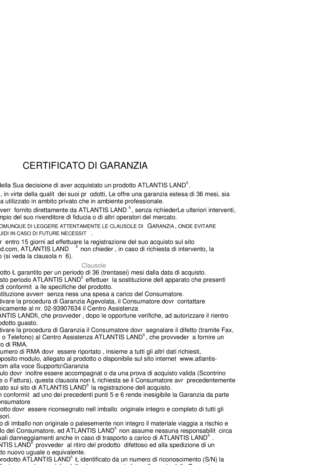 Atlantis Land A04-WI1102, A04-WI2202, A04-W1302 manual Certificato DI Garanzia 