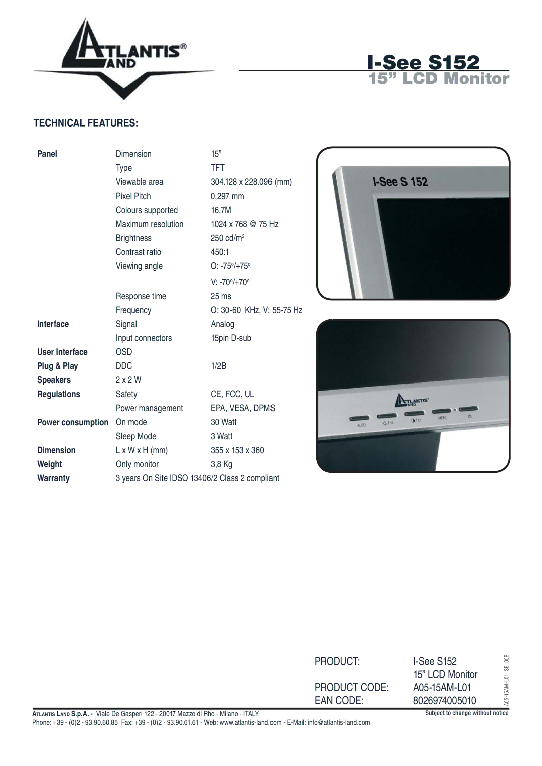 Atlantis Land A05-15AM-L01 warranty LCD Monitor, Technical Features, Product Product Code EAN Code 