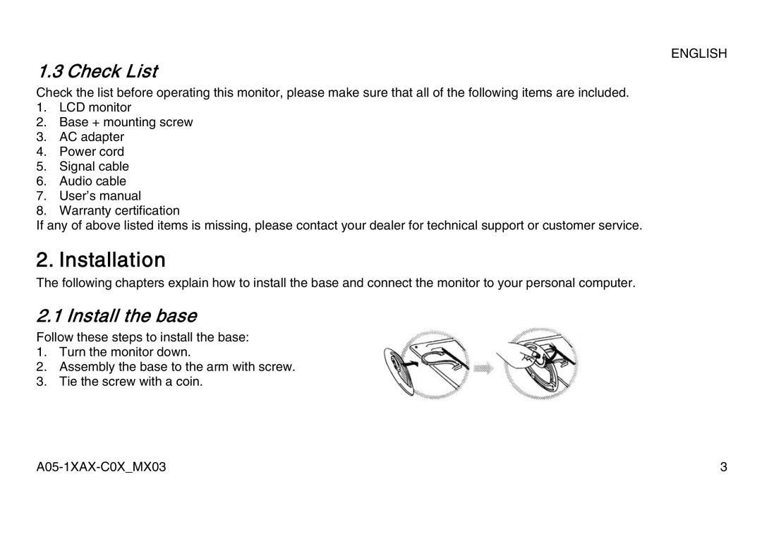 Atlantis Land A05-17AM-C06, A05-15AX-C07, A05-19AM-C08 manual Installation, Check List, Install the base 