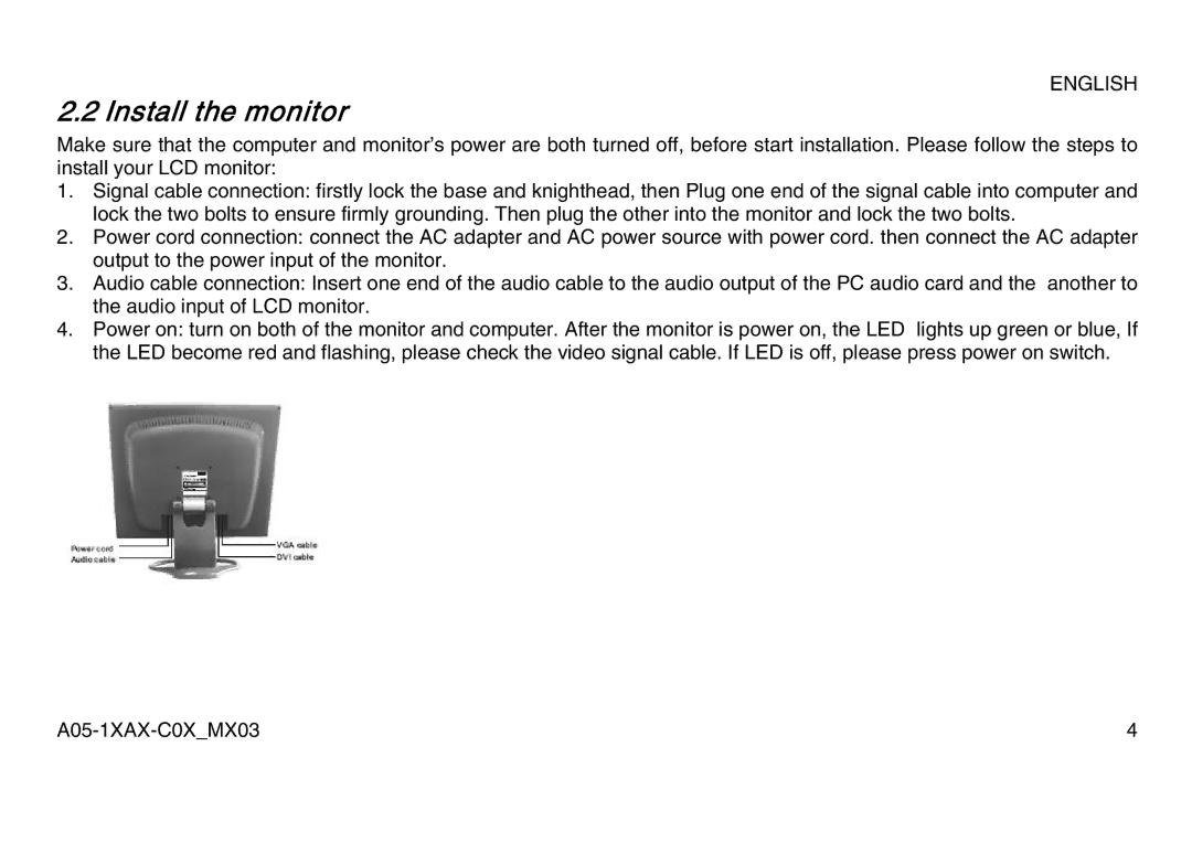 Atlantis Land A05-19AM-C08, A05-15AX-C07, A05-17AM-C06 manual Install the monitor 