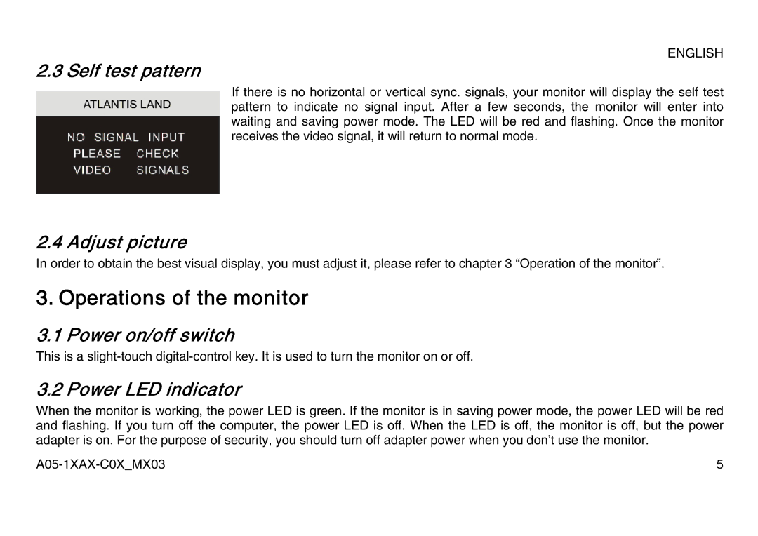 Atlantis Land A05-15AX-C07, A05-17AM-C06 Operations of the monitor, Self test pattern, Adjust picture, Power on/off switch 