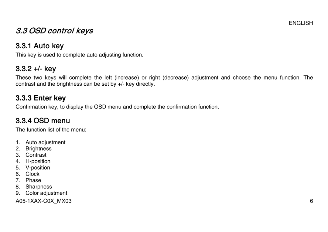 Atlantis Land A05-17AM-C06, A05-15AX-C07, A05-19AM-C08 manual OSD control keys, Auto key, 2 +/- key, OSD menu 