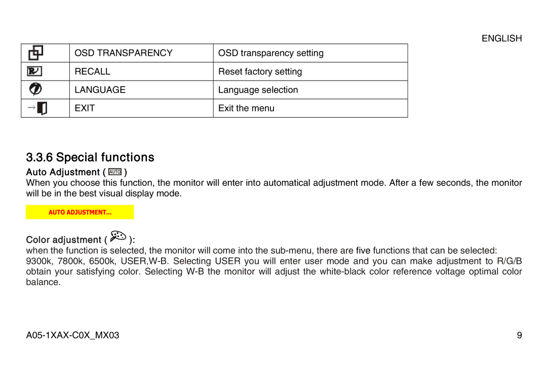 Atlantis Land A05-17AM-C06, A05-15AX-C07, A05-19AM-C08 manual Special functions, Auto Adjustment, Color adjustment 