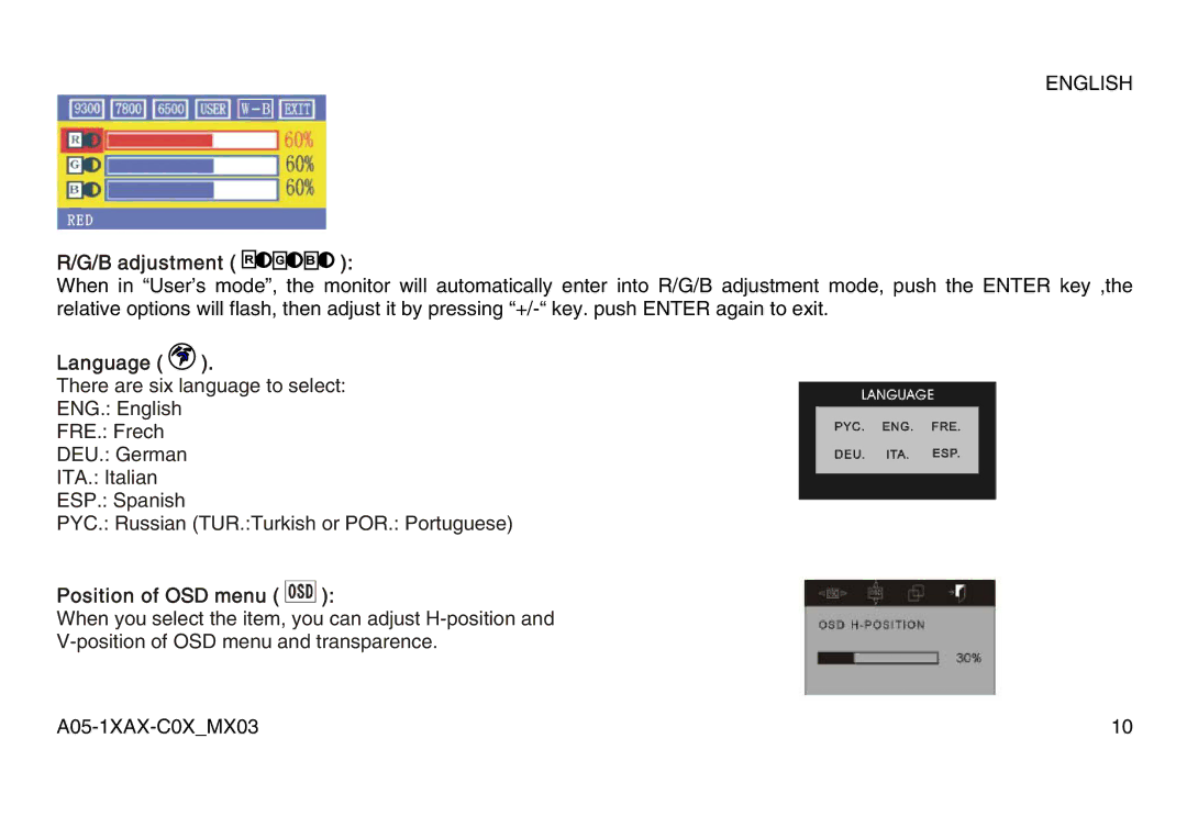 Atlantis Land A05-19AM-C08, A05-15AX-C07, A05-17AM-C06 manual B adjustment, Language, Position of OSD menu 