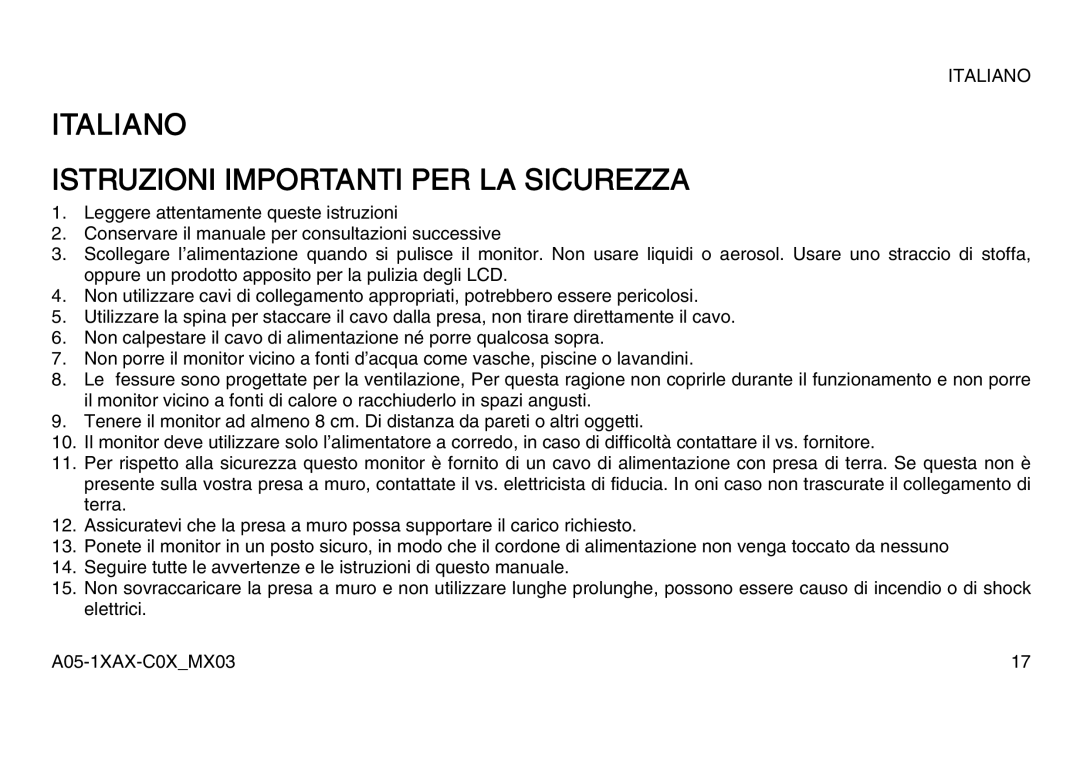 Atlantis Land A05-15AX-C07, A05-17AM-C06, A05-19AM-C08 manual Italiano Istruzioni Importanti PER LA Sicurezza 