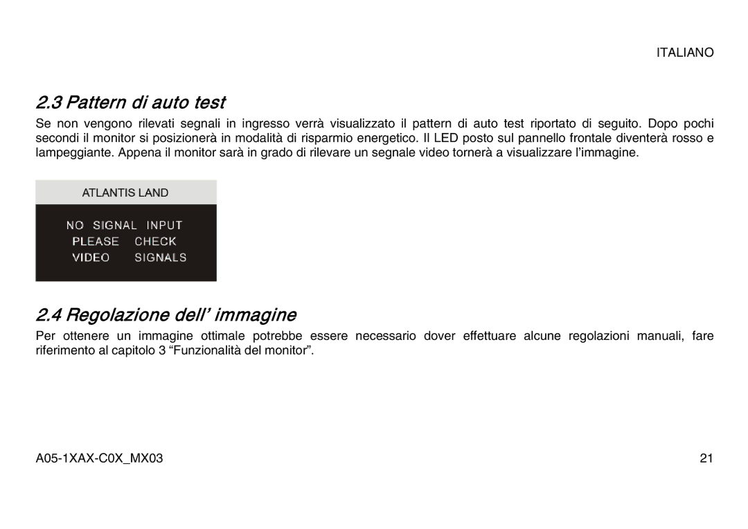 Atlantis Land A05-17AM-C06, A05-15AX-C07, A05-19AM-C08 manual Pattern di auto test, Regolazione dell’ immagine 