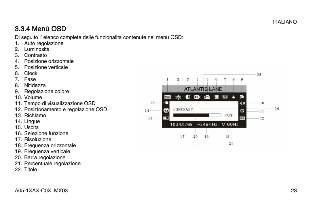 Atlantis Land A05-15AX-C07, A05-17AM-C06, A05-19AM-C08 manual 4 Menù OSD 