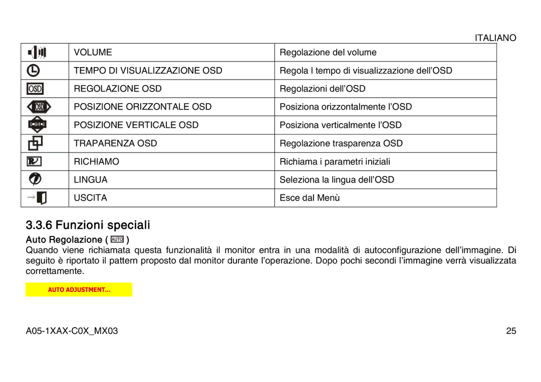 Atlantis Land A05-19AM-C08, A05-15AX-C07, A05-17AM-C06 manual Funzioni speciali, Auto Regolazione 