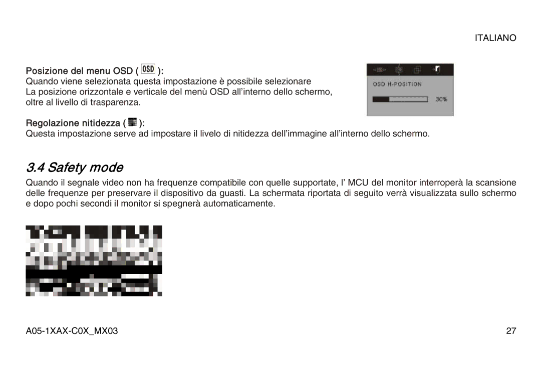 Atlantis Land A05-17AM-C06, A05-15AX-C07, A05-19AM-C08 manual Posizione del menu OSD, Regolazione nitidezza 