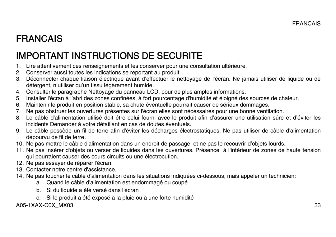 Atlantis Land A05-17AM-C06, A05-15AX-C07, A05-19AM-C08 manual Francais Important Instructions DE Securite 