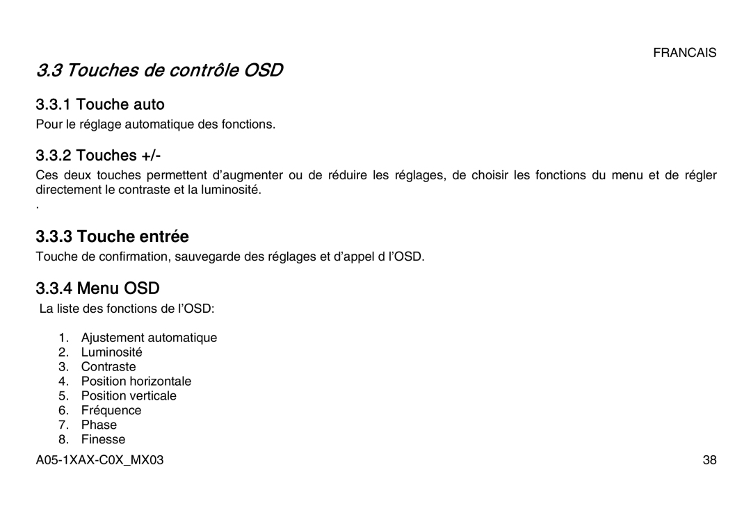 Atlantis Land A05-15AX-C07, A05-17AM-C06, A05-19AM-C08 manual Touches de contrôle OSD, Menu OSD 