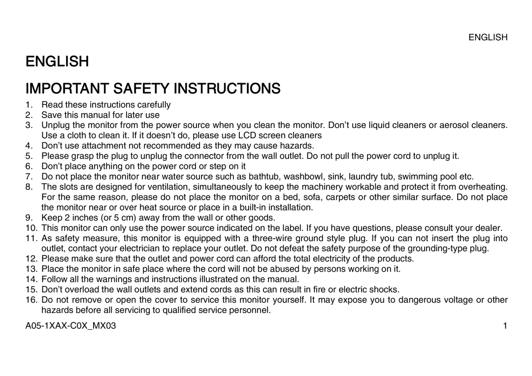 Atlantis Land A05-19AM-C08, A05-15AX-C07, A05-17AM-C06 manual English Important Safety Instructions 