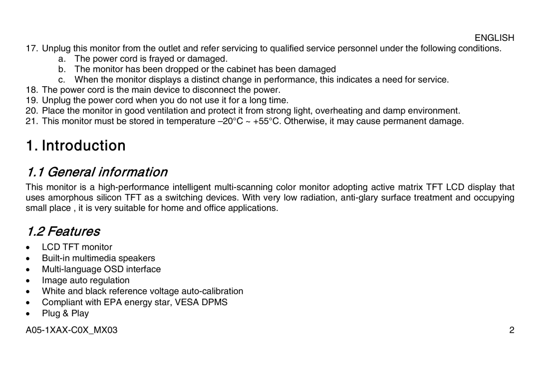 Atlantis Land A05-15AX-C07, A05-17AM-C06, A05-19AM-C08 manual Introduction, General information, Features 