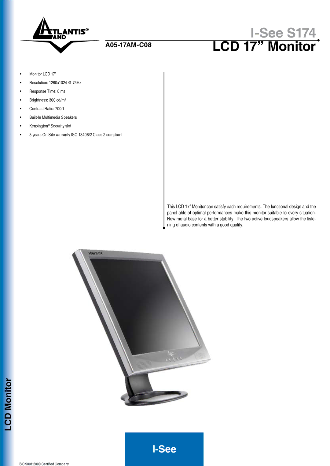 Atlantis Land A05-17AM-C08 warranty See S174, LCD 17 Monitor 