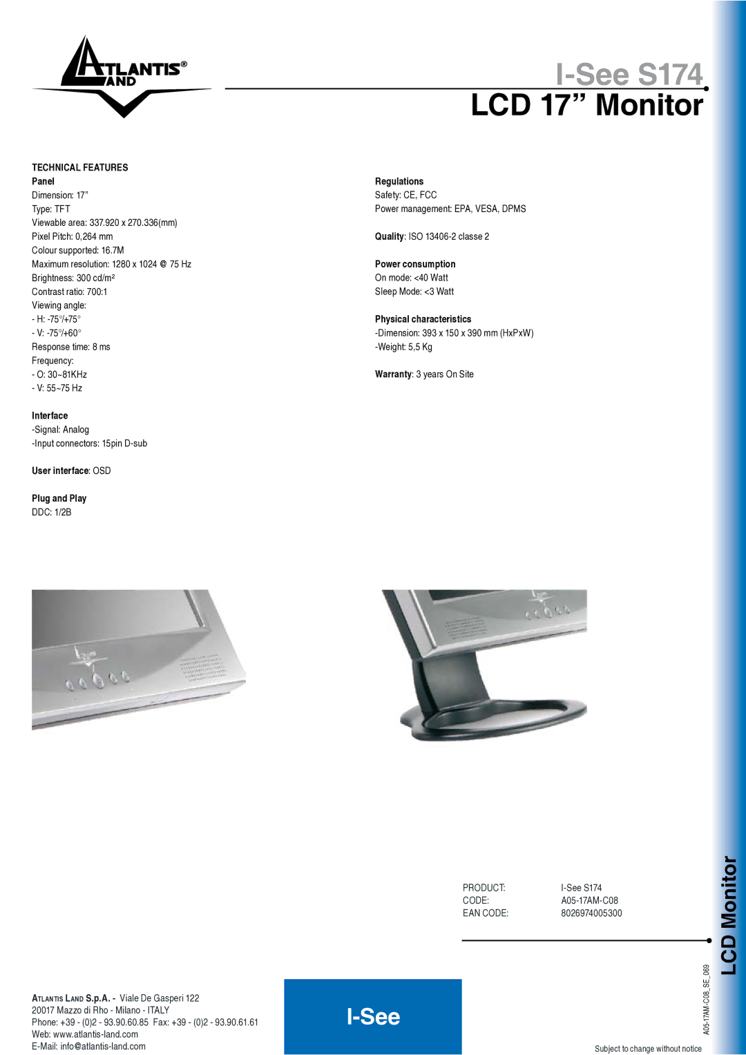 Atlantis Land A05-17AM-C08 warranty LCD 17 Monitor, MonitorLCD 