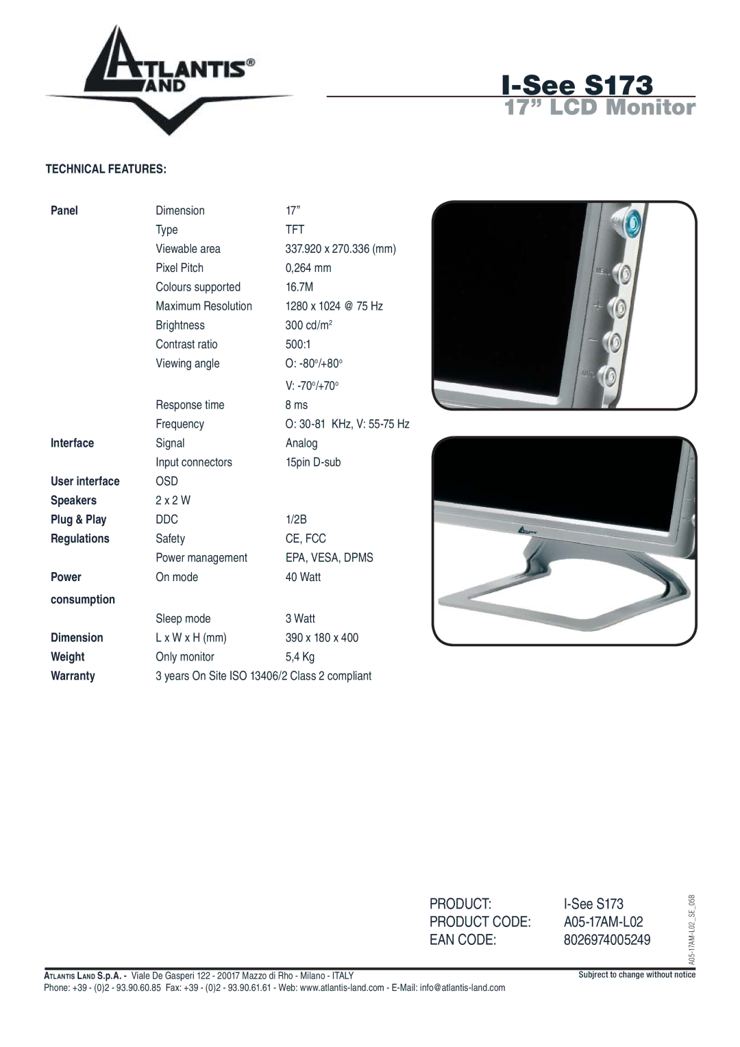 Atlantis Land A05-17AM-L02 warranty LCD Monitor, Product Product Code EAN Code, Technical Features 