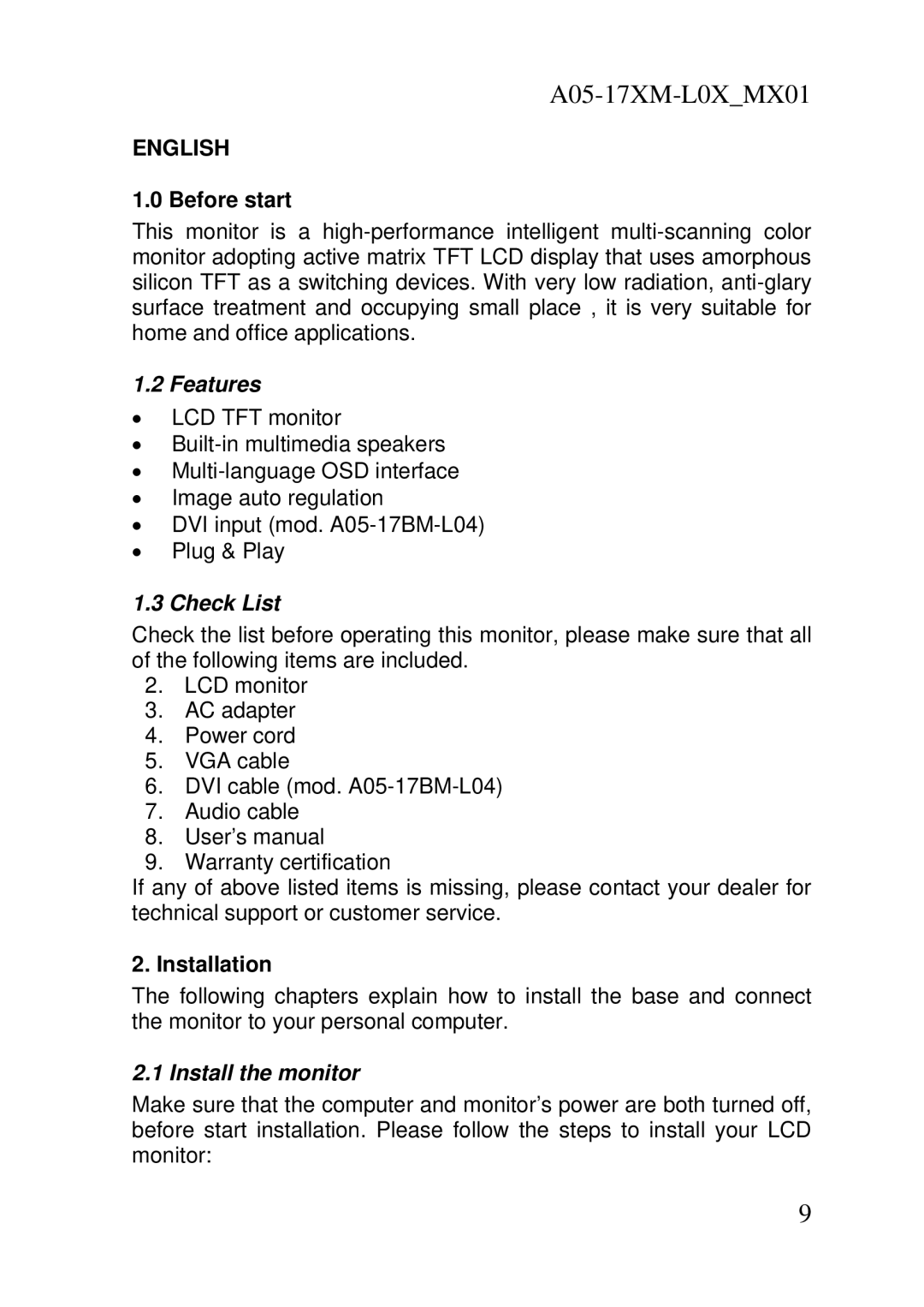 Atlantis Land A05-17AM-L03, A05-17BM-L04 user manual English, Features, Check List, Install the monitor 