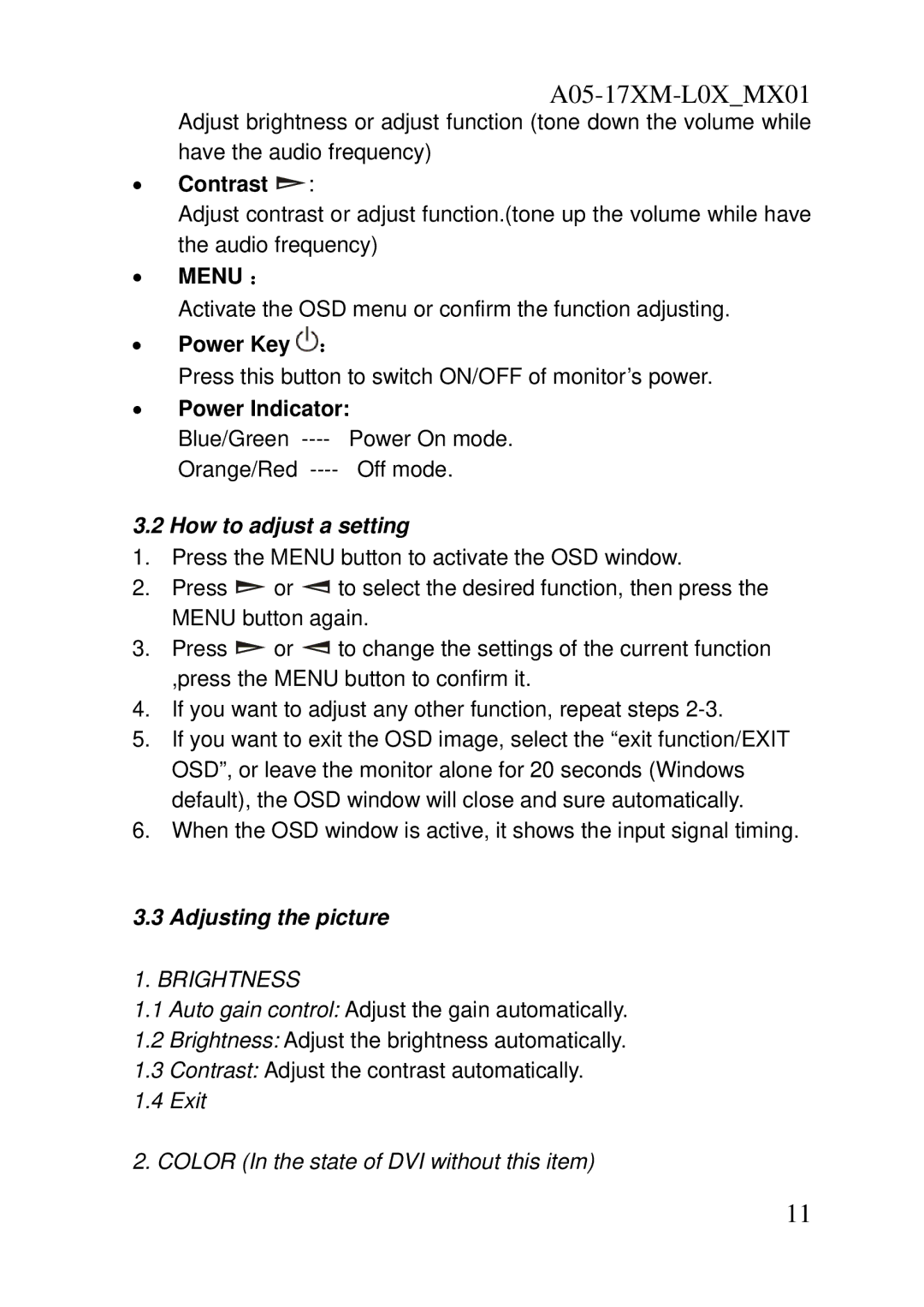 Atlantis Land A05-17AM-L03, A05-17BM-L04 user manual How to adjust a setting, Adjusting the picture 