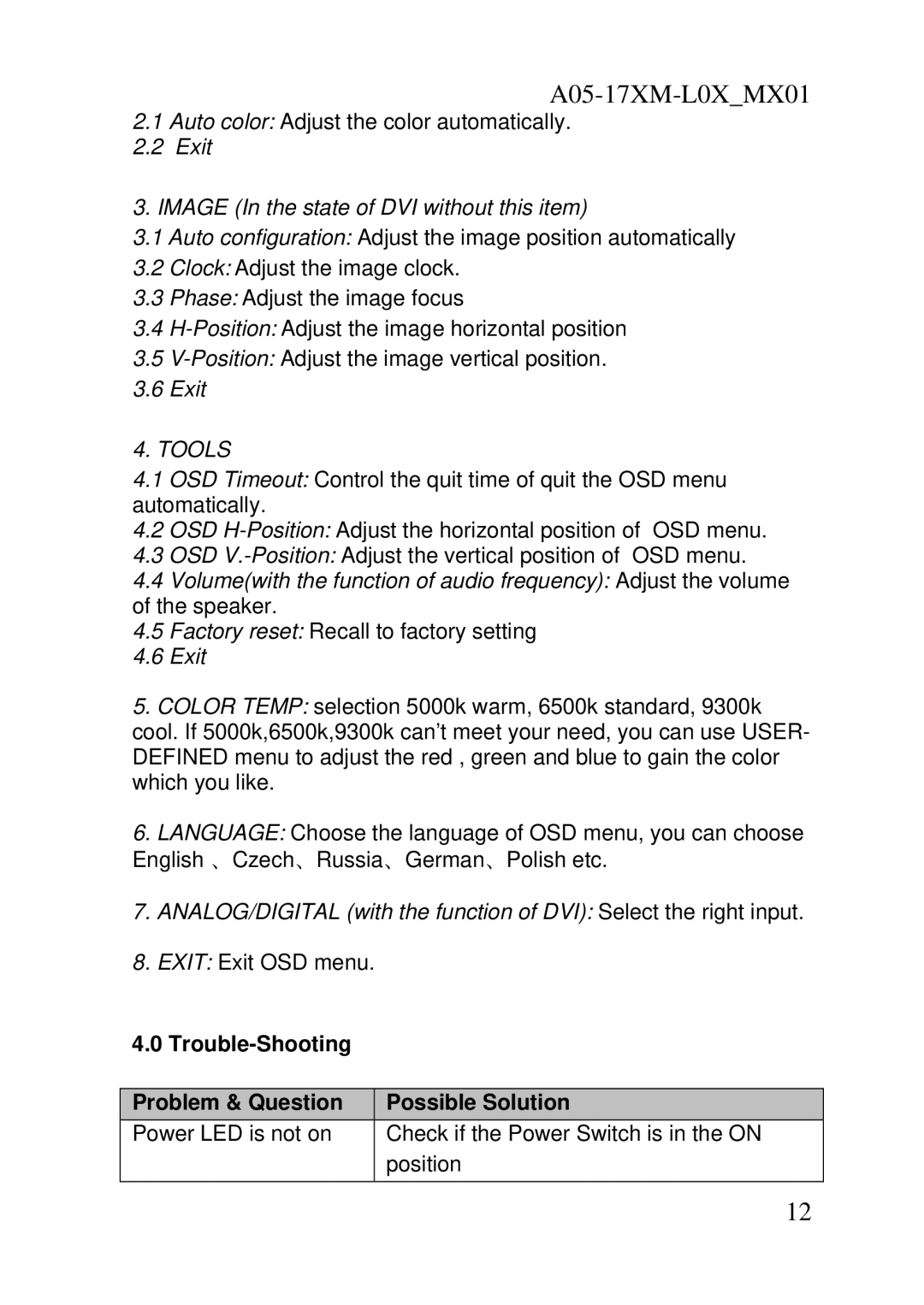 Atlantis Land A05-17BM-L04, A05-17AM-L03 user manual Exit Image In the state of DVI without this item 