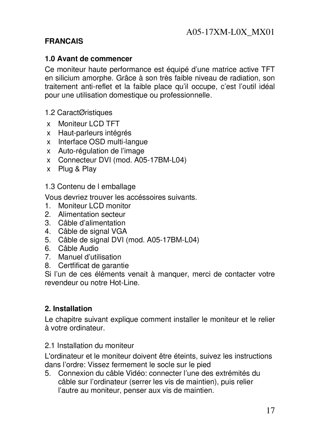 Atlantis Land A05-17AM-L03, A05-17BM-L04 user manual Francais, Avant de commencer, Caractéristiques, Contenu de l’emballage 