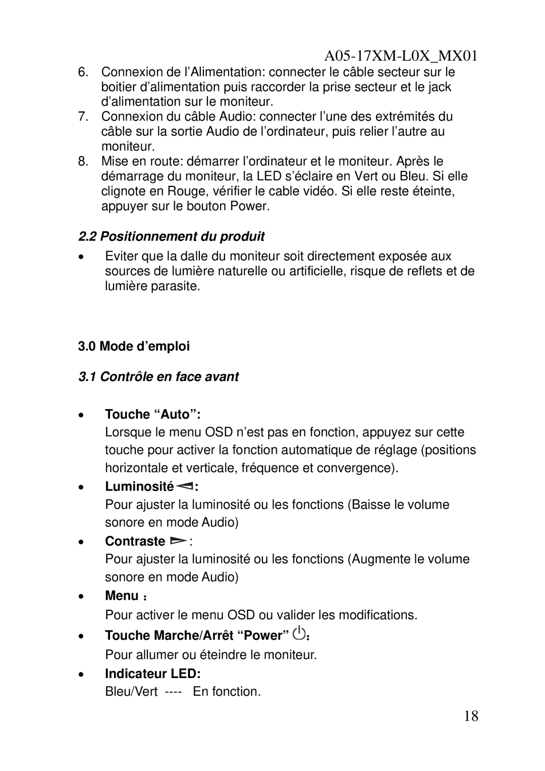 Atlantis Land A05-17BM-L04, A05-17AM-L03 user manual Positionnement du produit, Contrôle en face avant 