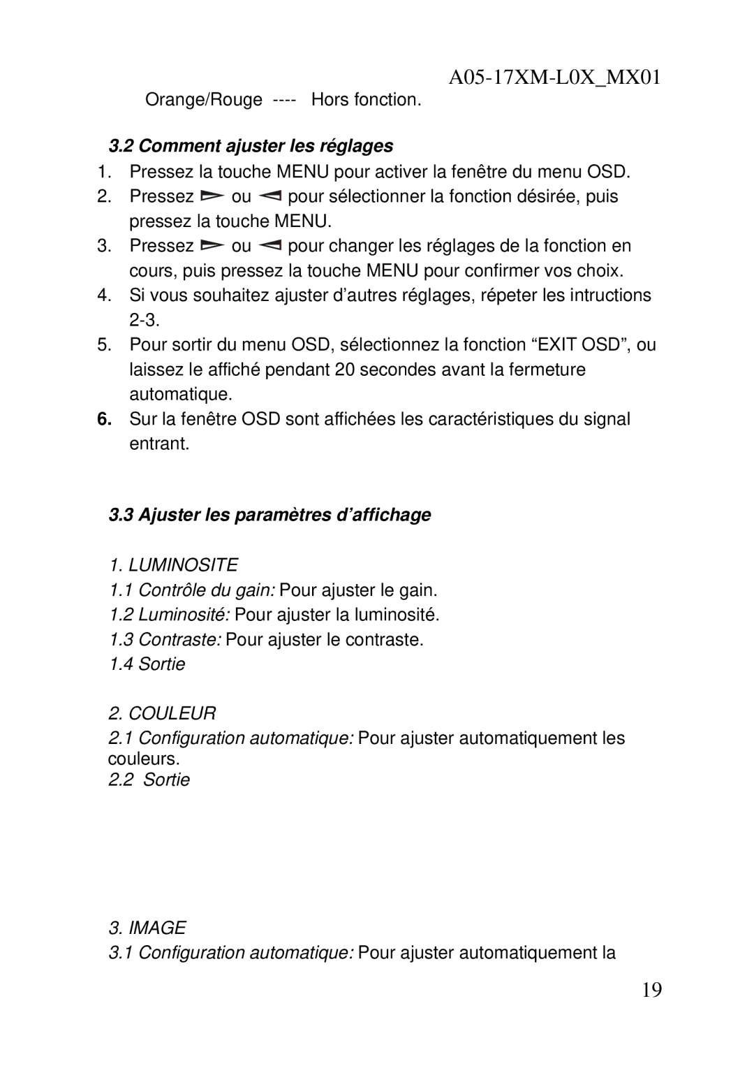 Atlantis Land A05-17AM-L03, A05-17BM-L04 user manual Comment ajuster les réglages, Ajuster les paramètres d’affichage 