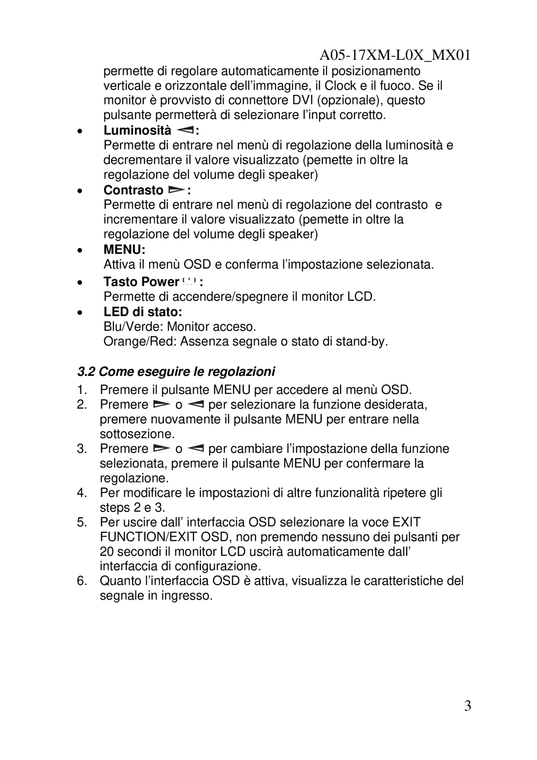 Atlantis Land A05-17AM-L03, A05-17BM-L04 user manual Menu, Come eseguire le regolazioni 