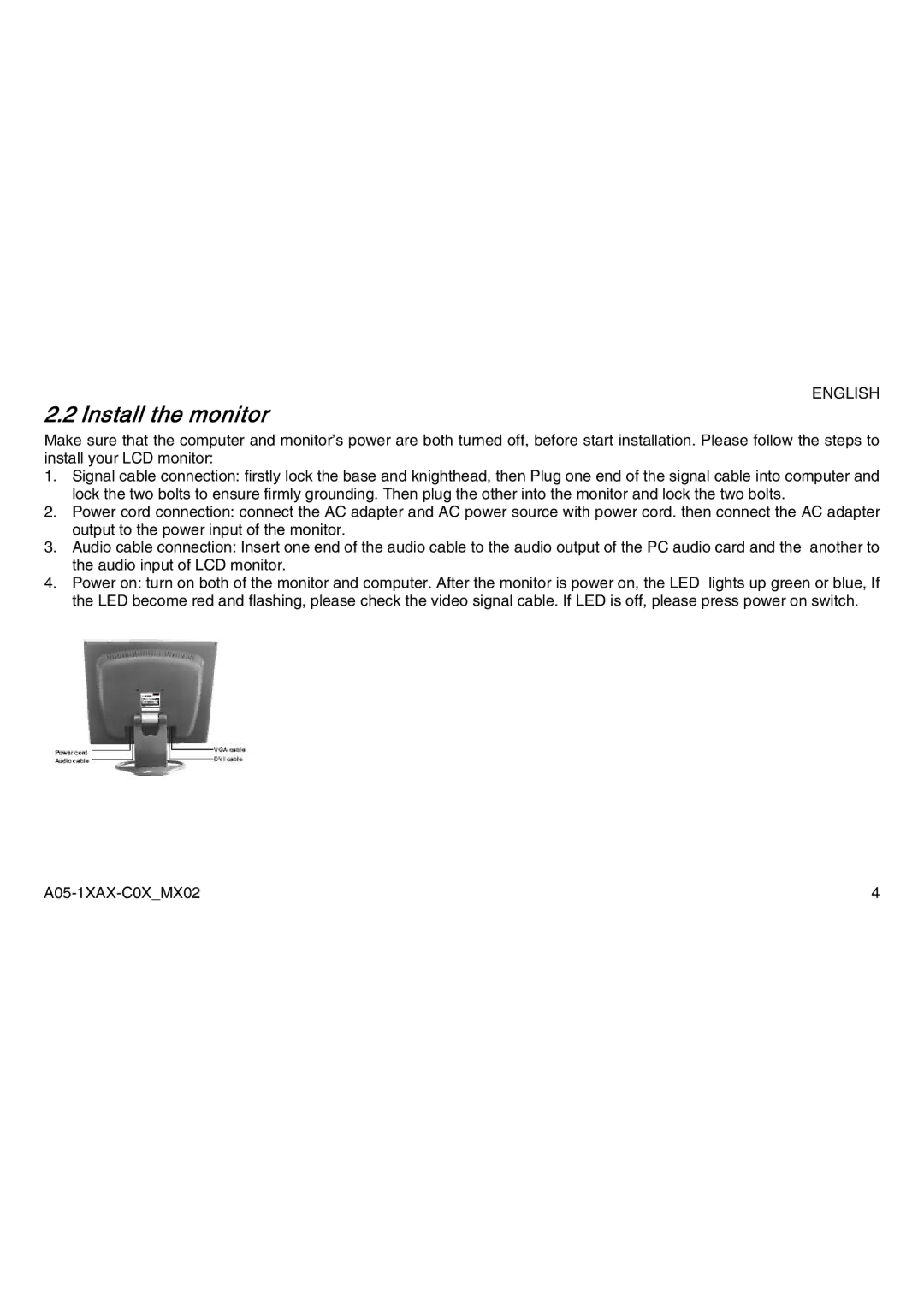 Atlantis Land A05-17AM-C04, A05-19AM-C05, A05-15AX-C03 manual Install the monitor 