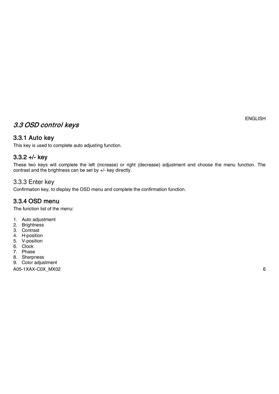 Atlantis Land A05-15AX-C03, A05-19AM-C05, A05-17AM-C04 manual OSD control keys, Auto key, 2 +/- key, Enter key, OSD menu 