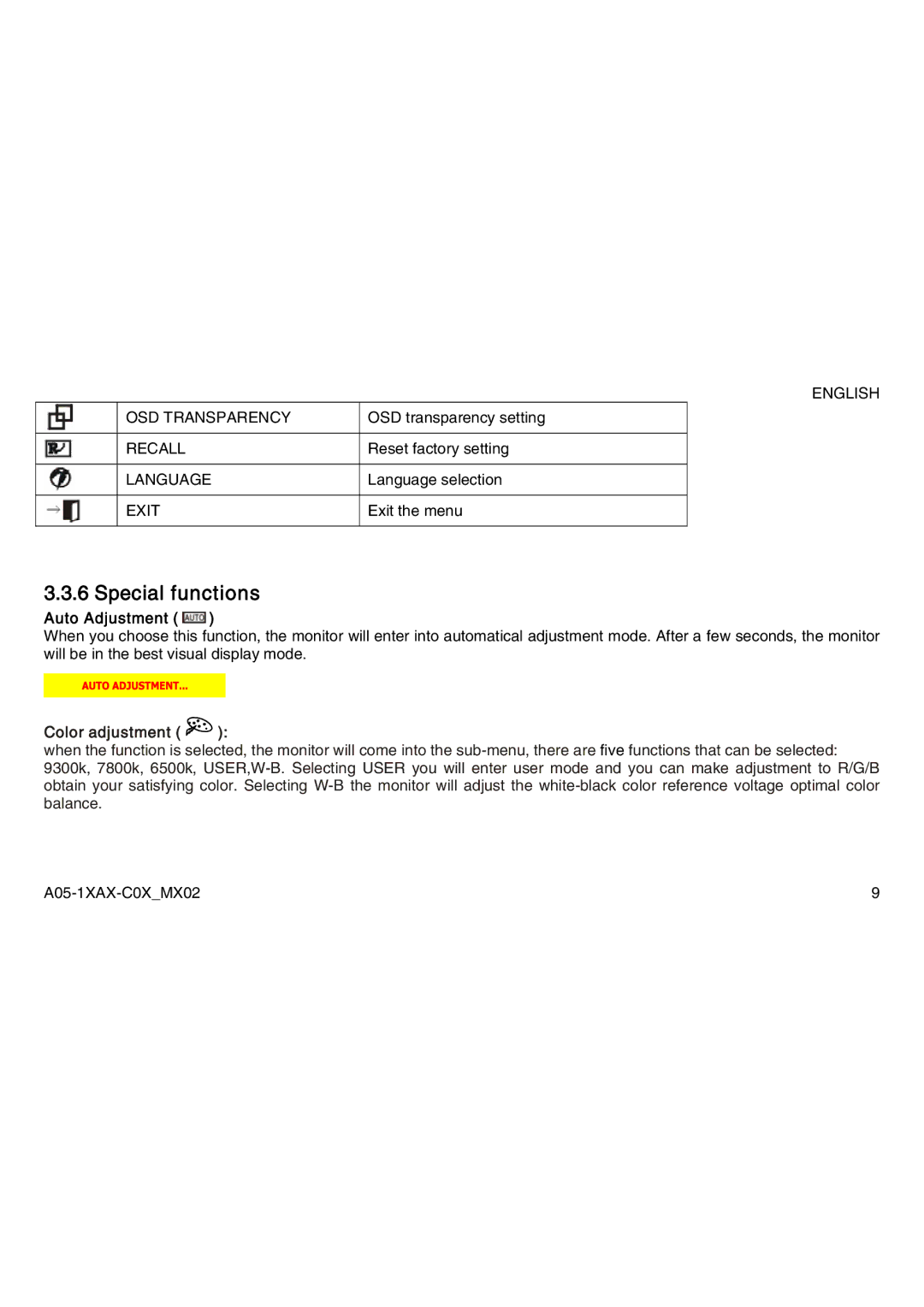 Atlantis Land A05-15AX-C03, A05-19AM-C05, A05-17AM-C04 manual Special functions, Auto Adjustment, Color adjustment 