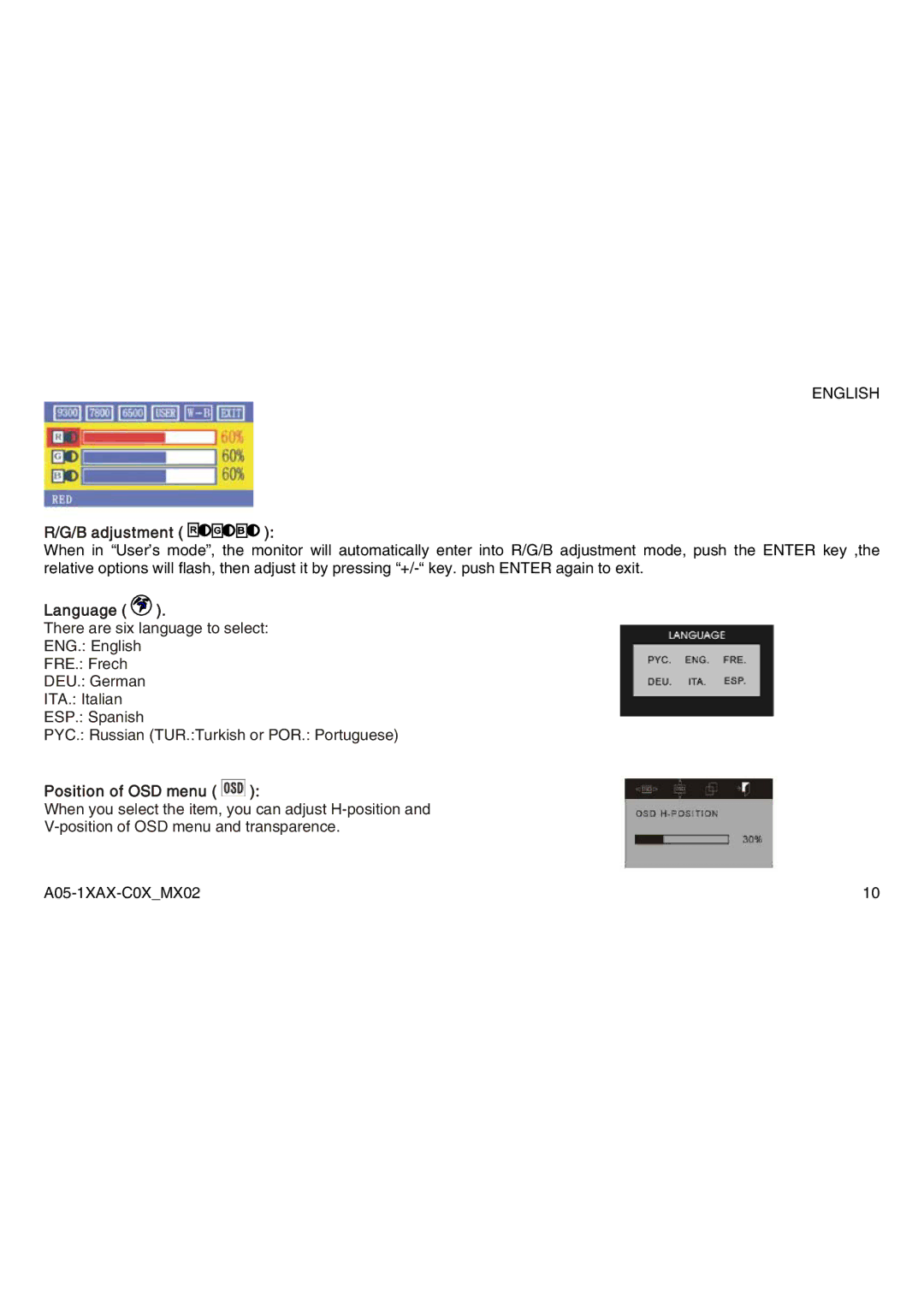 Atlantis Land A05-17AM-C04, A05-19AM-C05, A05-15AX-C03 manual B adjustment, Language, Position of OSD menu 