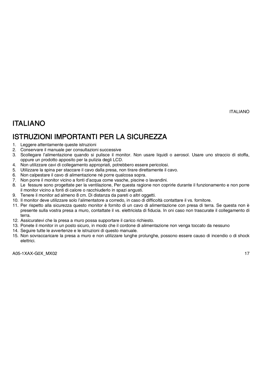 Atlantis Land A05-19AM-C05, A05-15AX-C03, A05-17AM-C04 manual Italiano Istruzioni Importanti PER LA Sicurezza 