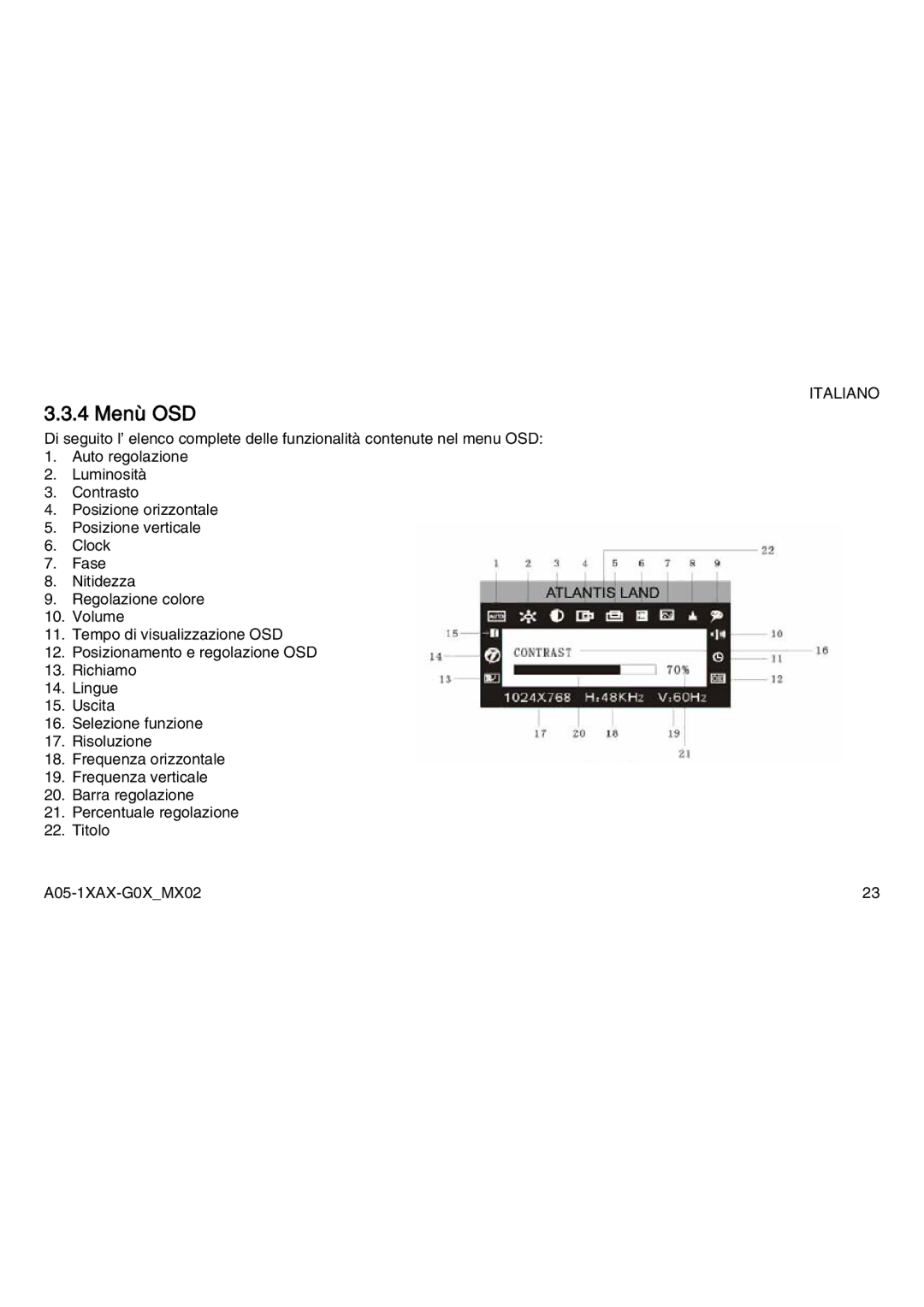 Atlantis Land A05-19AM-C05, A05-15AX-C03, A05-17AM-C04 manual 4 Menù OSD 