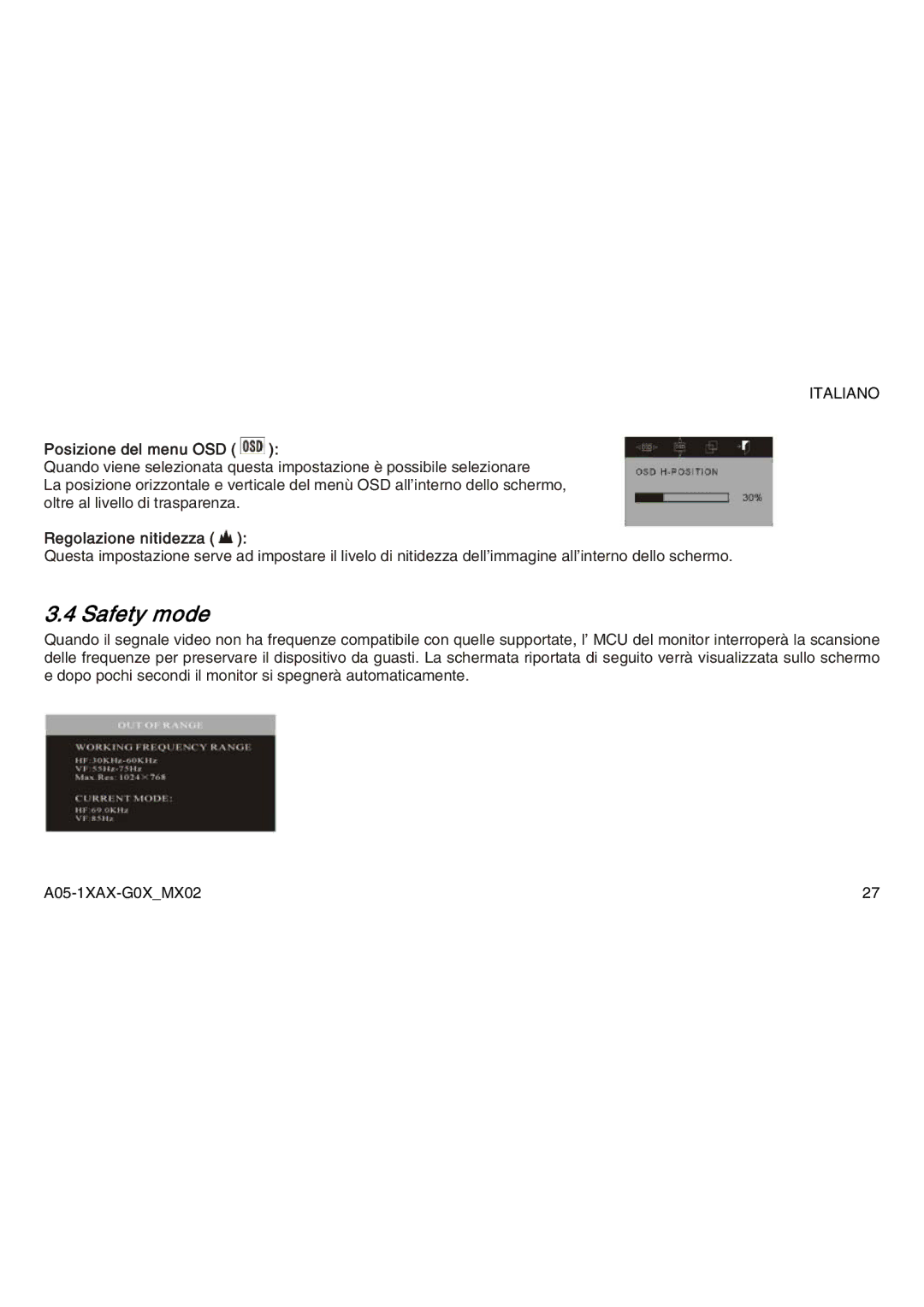 Atlantis Land A05-15AX-C03, A05-19AM-C05, A05-17AM-C04 manual Posizione del menu OSD, Regolazione nitidezza 