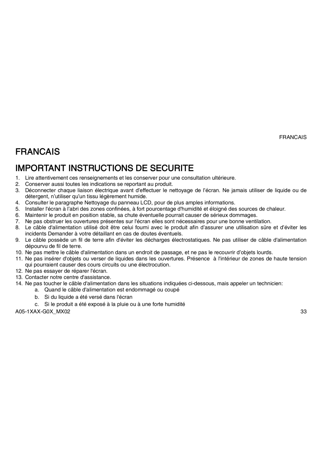 Atlantis Land A05-15AX-C03, A05-19AM-C05, A05-17AM-C04 manual Francais Important Instructions DE Securite 