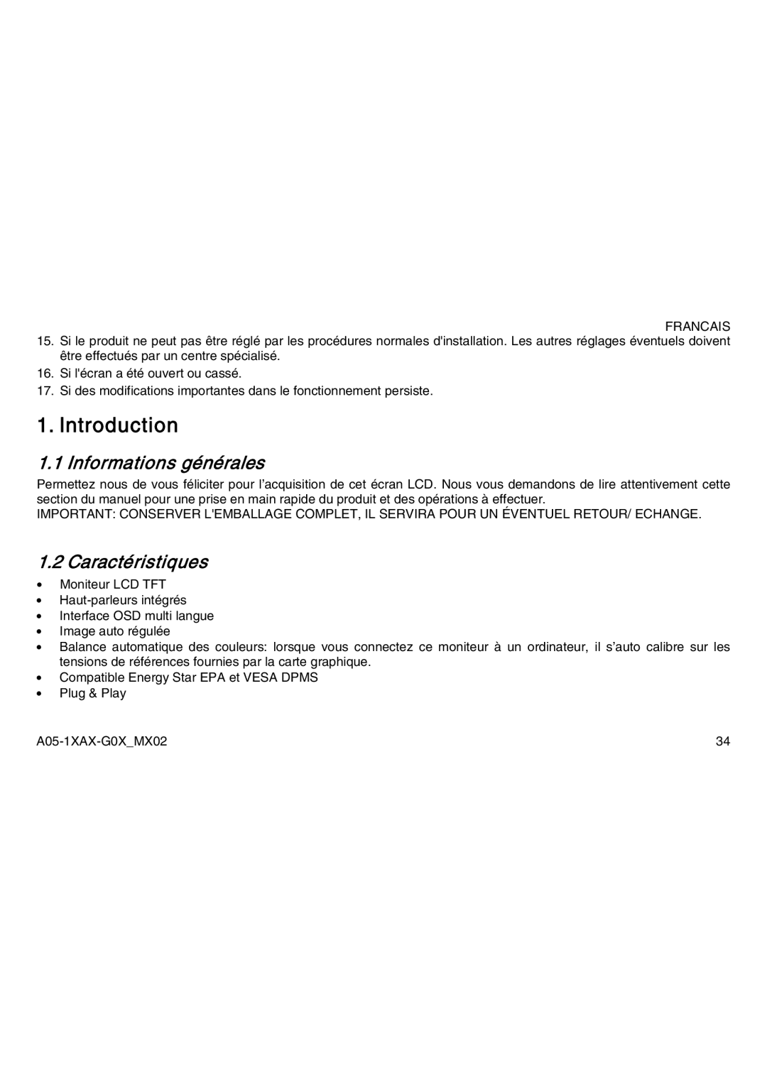 Atlantis Land A05-17AM-C04, A05-19AM-C05, A05-15AX-C03 manual Informations générales, Caractéristiques 