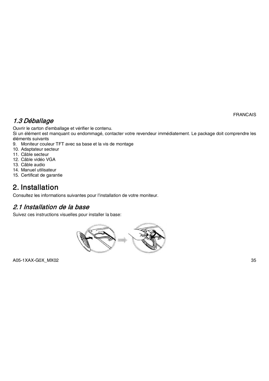 Atlantis Land A05-19AM-C05, A05-15AX-C03, A05-17AM-C04 manual Déballage, Installation de la base 