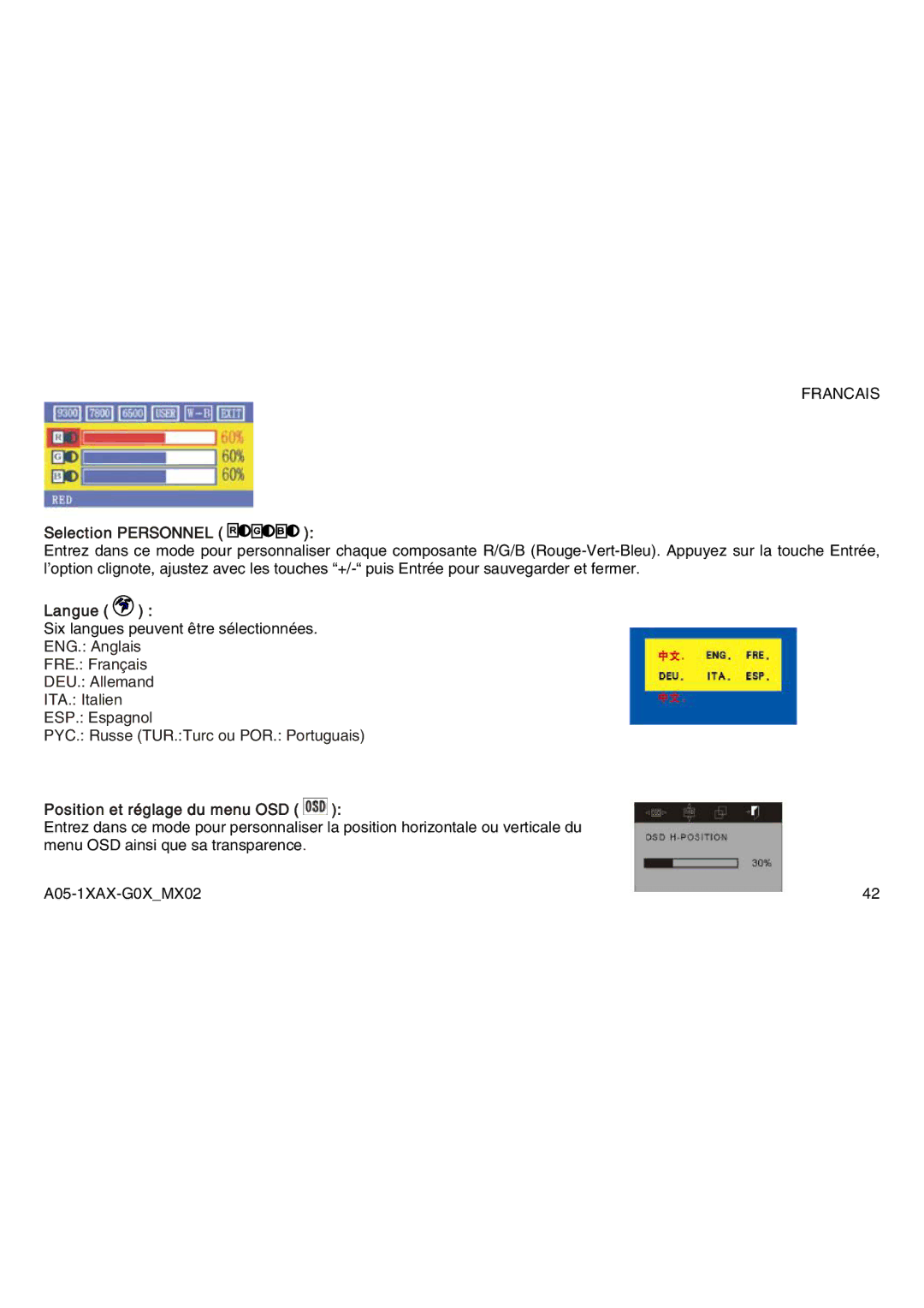 Atlantis Land A05-15AX-C03, A05-19AM-C05, A05-17AM-C04 manual Selection Personnel, Langue, Position et réglage du menu OSD 